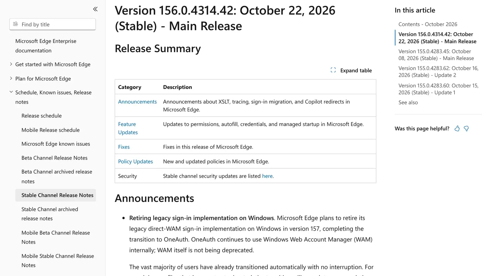 บันทึกรุ่น Edge 156 รุ่น 156.0.4314.42 วันที่ 22 ตุลาคม 2026 บน Microsoft Learn พร้อมตารางสรุปหมวดประกาศ ฟีเจอร์ การแก้ไข และนโยบาย