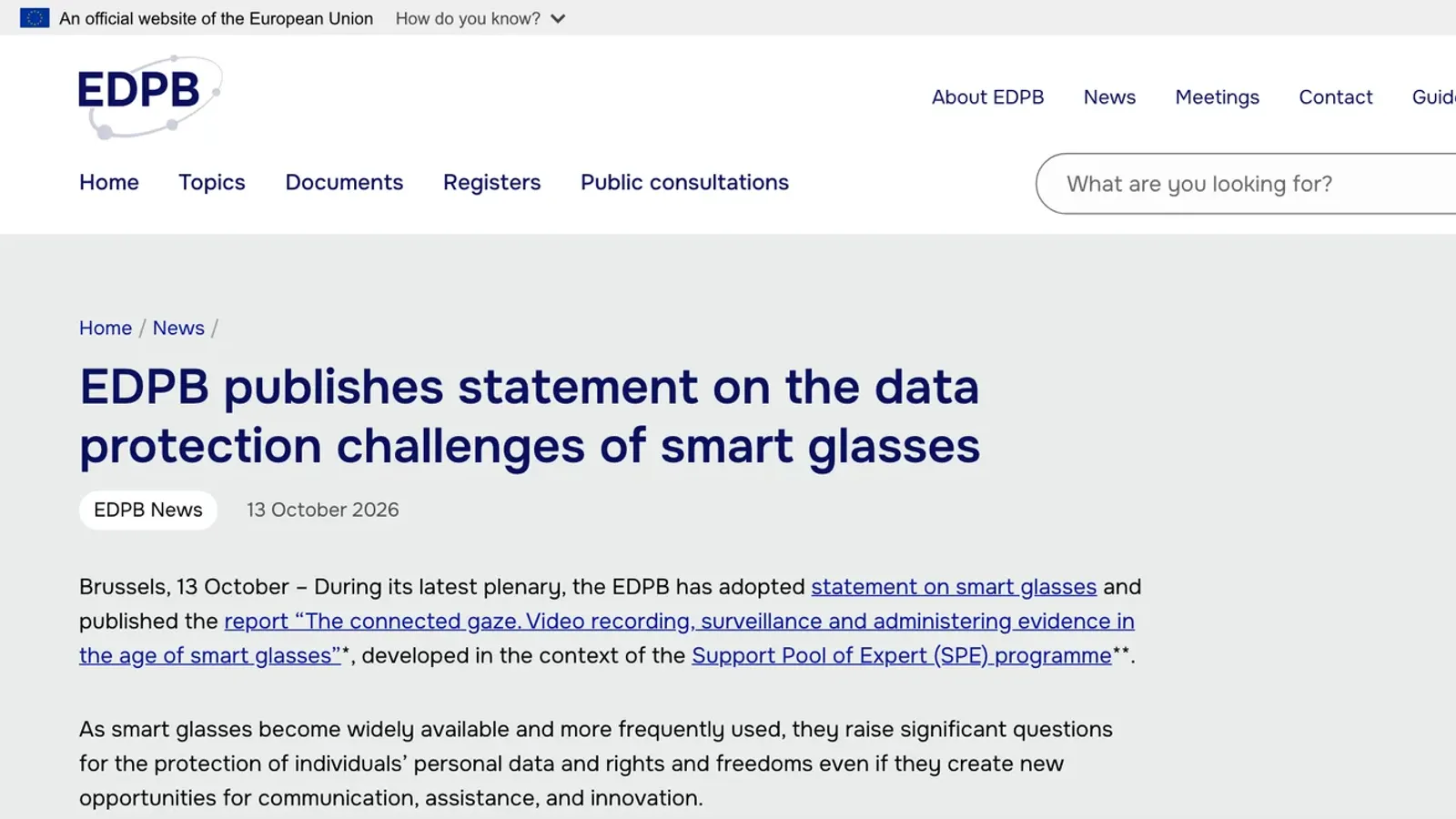 ประกาศข่าวของ EDPB วันที่ 13 ตุลาคม 2026 หัวข้อ EDPB publishes statement on the data protection challenges of smart glasses เรื่องแว่นอัจฉริยะ GDPR