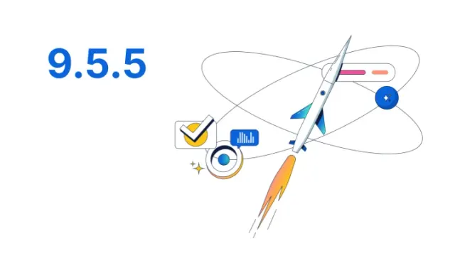 ภาพประกอบประกาศ Elastic Stack 9.5.5 ของ Elastic เป็นตัวเลข 9.5.5 สีน้ำเงินคู่กับภาพจรวด