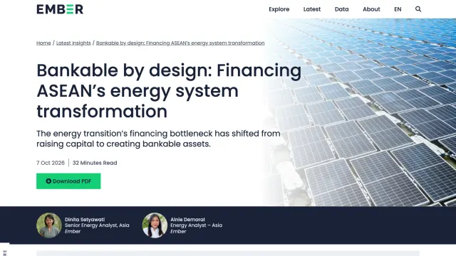 หน้ารายงาน Bankable by design ของ Ember วันที่ 7 ตุลาคม 2026 ว่าด้วยการเงินเพื่อการเปลี่ยนผ่านระบบพลังงานของอาเซียน