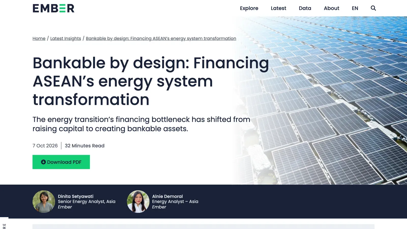 หน้ารายงาน Bankable by design ของ Ember วันที่ 7 ตุลาคม 2026 ว่าด้วยการเงินเพื่อการเปลี่ยนผ่านระบบพลังงานของอาเซียน