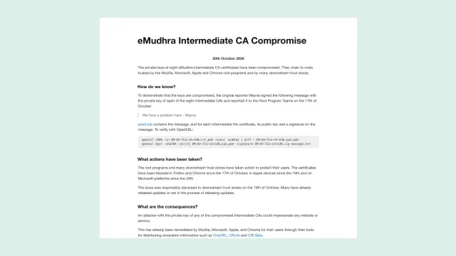 เว็บ eMudhra Intermediate CA Compromise ลงวันที่ 20 ตุลาคม 2026 ระบุว่ากุญแจของ intermediate CA 8 ใบหลุด และใบรับรองถูกบล็อกใน Firefox, Chrome, อุปกรณ์ Apple และ Microsoft