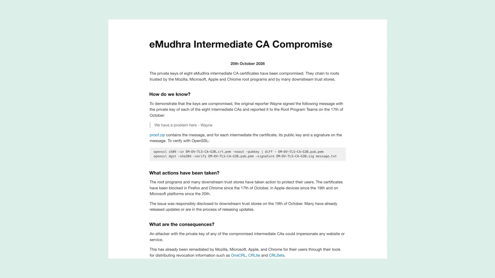 เว็บ eMudhra Intermediate CA Compromise ลงวันที่ 20 ตุลาคม 2026 ระบุว่ากุญแจของ intermediate CA 8 ใบหลุด และใบรับรองถูกบล็อกใน Firefox, Chrome, อุปกรณ์ Apple และ Microsoft