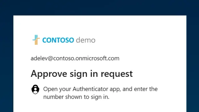 หน้าต่าง Approve sign in request ให้เปิดแอป Microsoft Authenticator แล้วพิมพ์ตัวเลขที่แสดงเพื่อลงชื่อเข้าใช้ ตัวอย่างจากบัญชีสาธิต Contoso