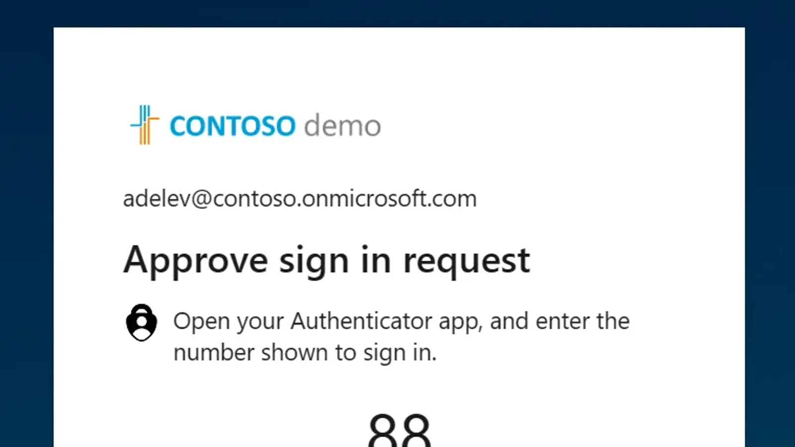หน้าต่าง Approve sign in request ให้เปิดแอป Microsoft Authenticator แล้วพิมพ์ตัวเลขที่แสดงเพื่อลงชื่อเข้าใช้ ตัวอย่างจากบัญชีสาธิต Contoso
