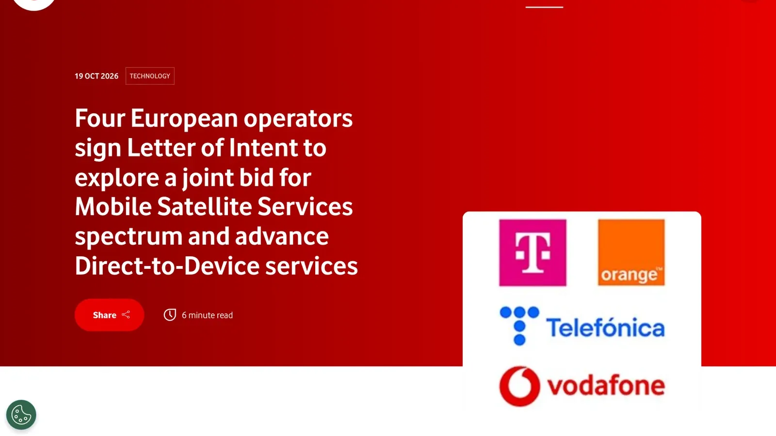 หน้าแถลงการณ์ร่วมของ Deutsche Telekom, Orange, Telefónica และ Vodafone ลงวันที่ 19 ตุลาคม 2026 เรื่องการศึกษายื่นขอคลื่น MSS 2 GHz และบริการ Direct-to-Device