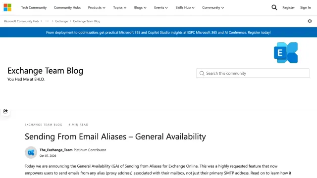 ประกาศ Sending From Email Aliases – General Availability บน Exchange Team Blog วันที่ 7 ตุลาคม 2026 สำหรับ Exchange Online