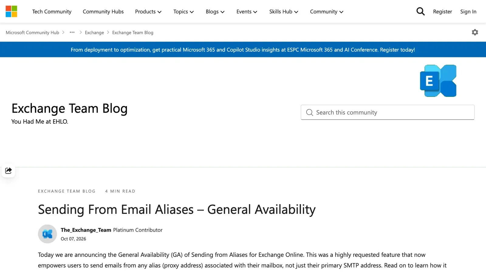 ประกาศ Sending From Email Aliases – General Availability บน Exchange Team Blog วันที่ 7 ตุลาคม 2026 สำหรับ Exchange Online