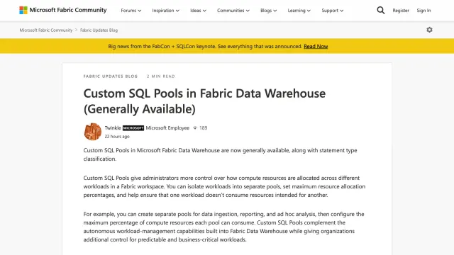 ภาพหน้าจอประกาศ Custom SQL Pools in Fabric Data Warehouse (Generally Available) บน Fabric Updates Blog ของ Microsoft ที่อธิบายการแยกงานตามประเภทคำสั่ง SELECT และ NONSELECT