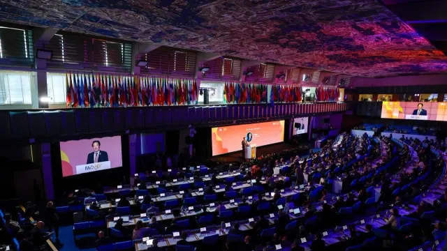 ผู้อำนวยการใหญ่ FAO กล่าวเปิด Hand-in-Hand Initiative Investment Forum 2026 ในห้องประชุมใหญ่ที่สำนักงานใหญ่ FAO กรุงโรม