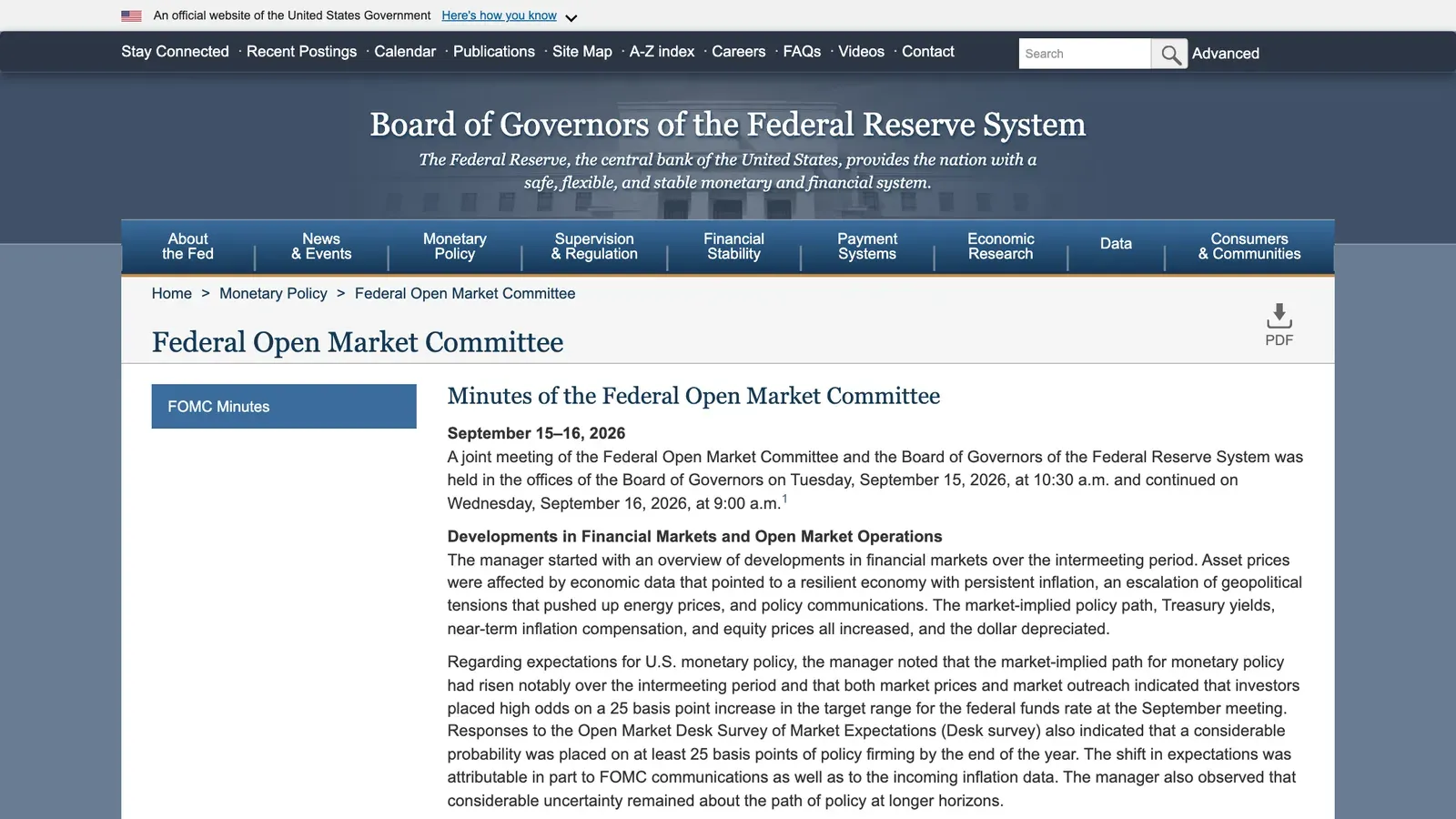 หน้าบันทึกการประชุม FOMC วันที่ 15–16 กันยายน 2026 บนเว็บไซต์ของเฟด