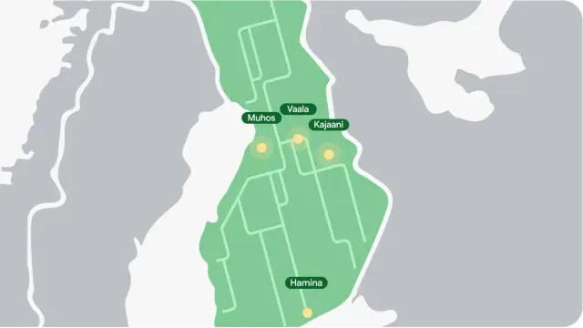 แผนที่ของ Google แสดงที่ตั้ง Hamina, Muhos, Vaala และ Kajaani ในฟินแลนด์