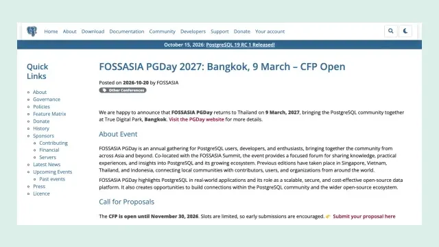 ประกาศ FOSSASIA PGDay 2027: Bangkok, 9 March – CFP Open บน postgresql.org ลงวันที่ 20 ตุลาคม 2026 งาน FOSSASIA PGDay 2027 กรุงเทพ ที่ True Digital Park