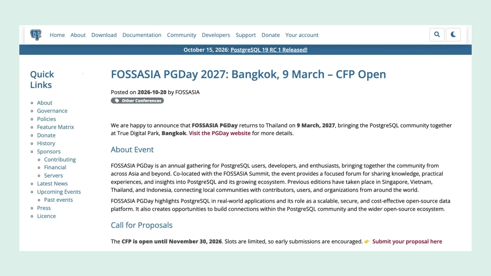 ประกาศ FOSSASIA PGDay 2027: Bangkok, 9 March – CFP Open บน postgresql.org ลงวันที่ 20 ตุลาคม 2026 งาน FOSSASIA PGDay 2027 กรุงเทพ ที่ True Digital Park