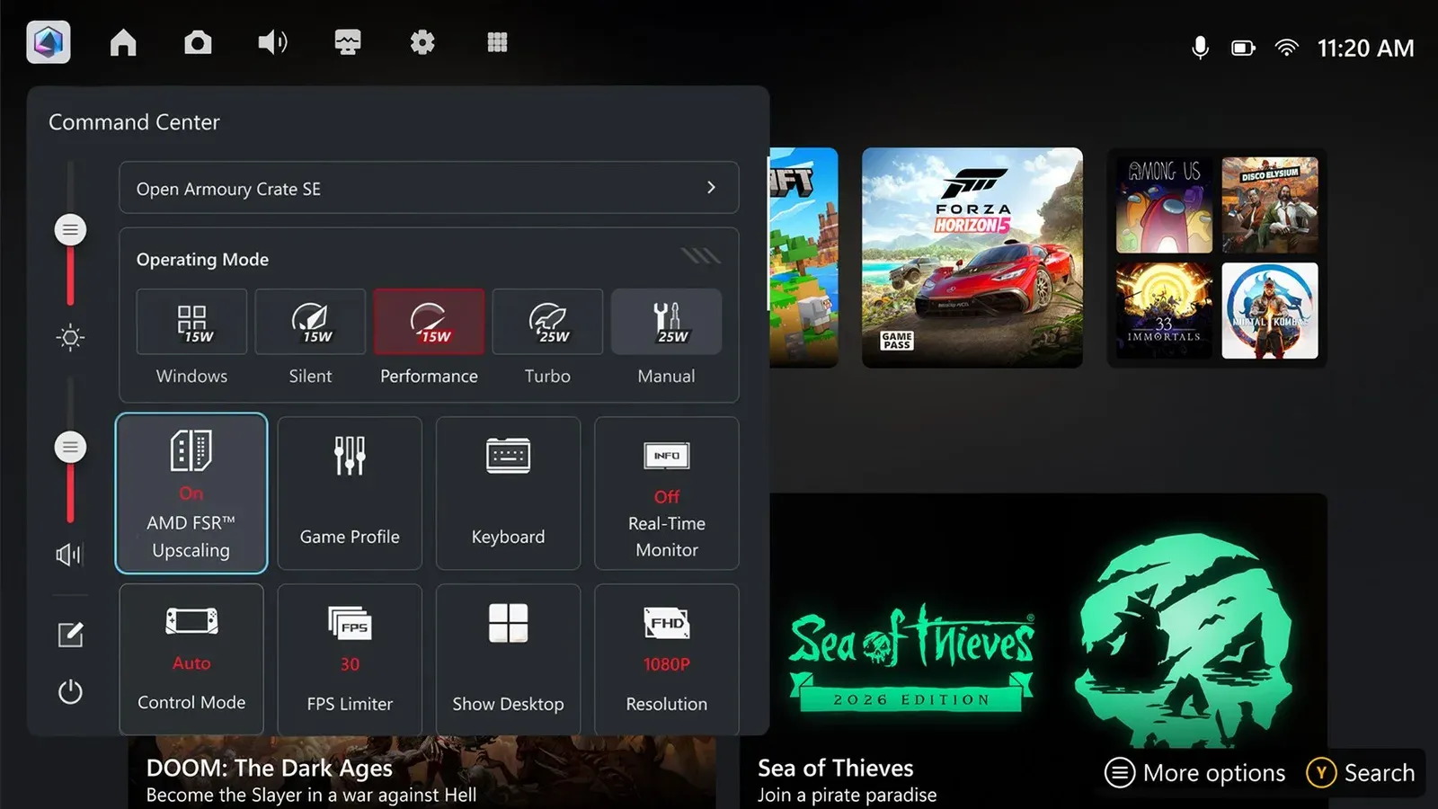 หน้าจอ Command Center ของ ROG Xbox Ally ที่เปิดไทล์ AMD FSR Upscaling สำหรับ FSR 4.1 ROG Xbox Ally