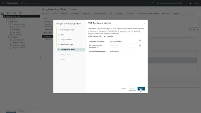 หน้าจอ vSphere Client ของ VMware ซึ่ง Gartner ยังจัดเป็น Leader แสดงขั้นตอน Target VM deployment ระหว่างการอัปเกรด vCenter