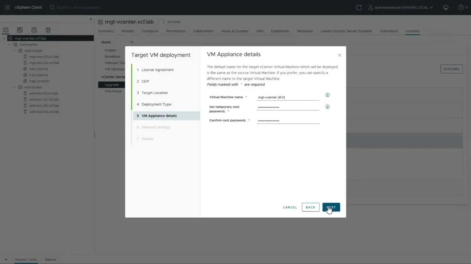 หน้าจอ vSphere Client ของ VMware ซึ่ง Gartner ยังจัดเป็น Leader แสดงขั้นตอน Target VM deployment ระหว่างการอัปเกรด vCenter