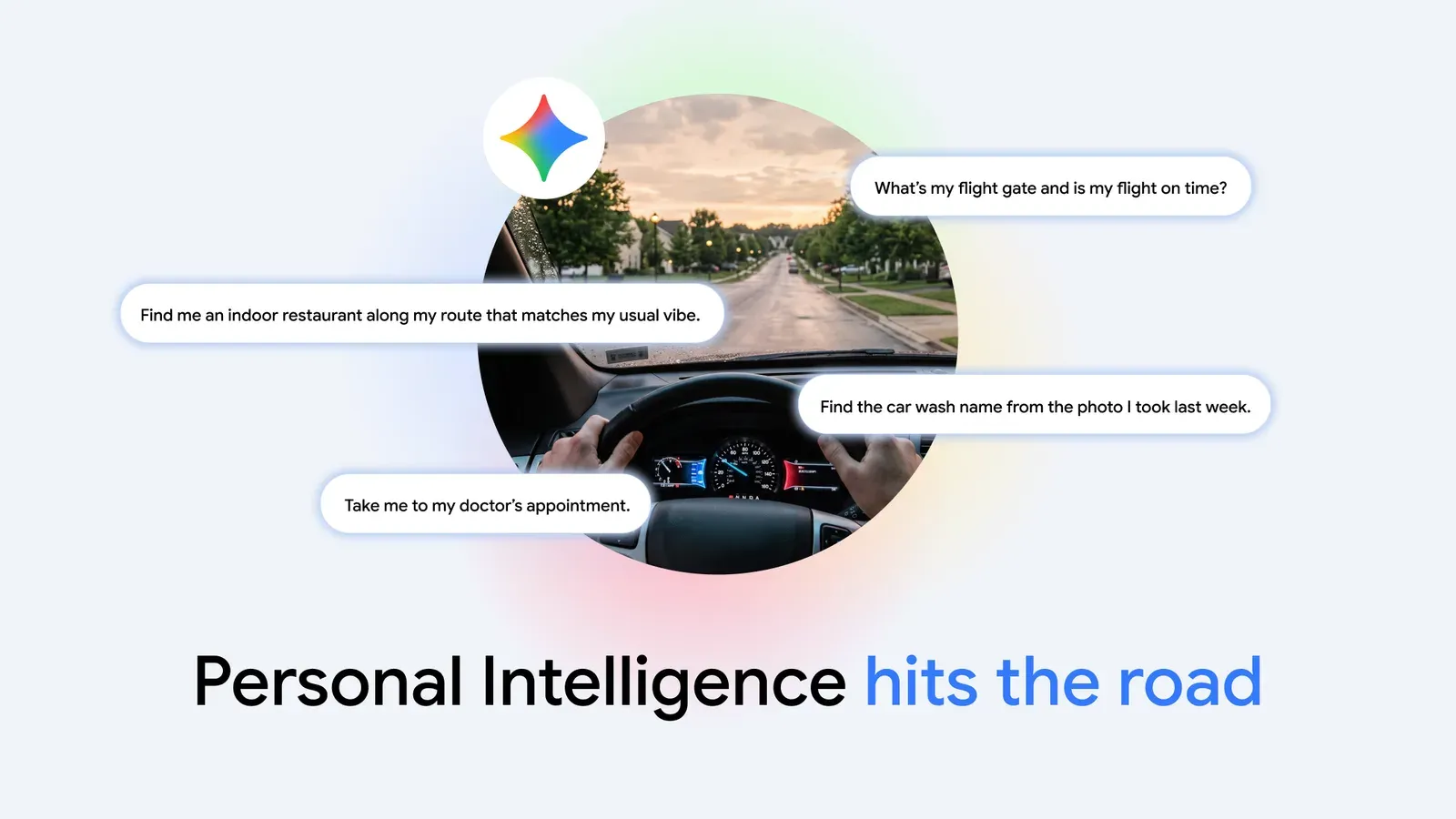 ภาพประกอบประกาศ Personal Intelligence ของ Gemini บน Android Auto มุมมองผู้ขับรถล้อมด้วยตัวอย่างคำสั่ง เช่น ถามประตูขึ้นเครื่อง หาร้านอาหารบนเส้นทาง และพาไปนัดหมอ