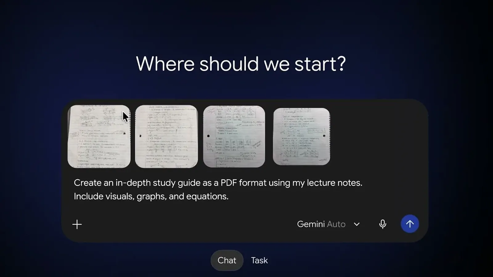 ช่องแชต Gemini แนบรูปสมุดจด 4 รูป พร้อมคำสั่งให้สร้างคู่มือติวเป็น PDF ที่มีภาพ กราฟ และสมการ
