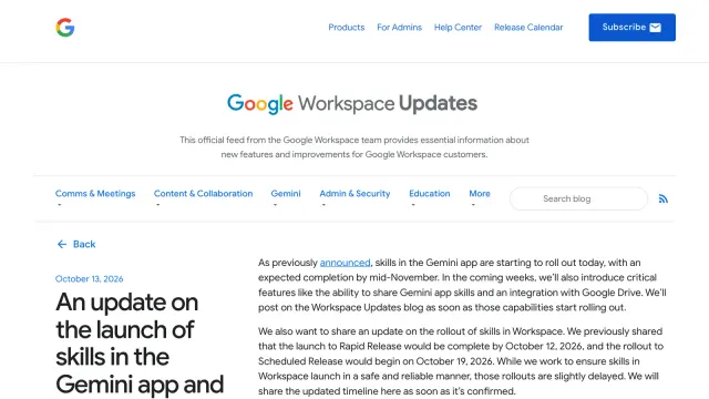 ภาพหน้าจอโพสต์ An update on the launch of skills in the Gemini app and Workspace บนบล็อก Google Workspace Updates วันที่ 13 ตุลาคม 2026 แจ้งเลื่อนการเปิด Gemini skills ใน Workspace