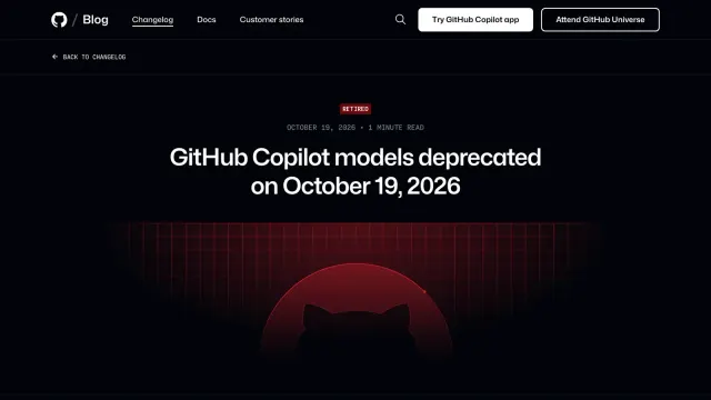 หน้าประกาศ GitHub Changelog หัวข้อ GitHub Copilot models deprecated on October 19, 2026 ป้าย RETIRED ซึ่งเป็นวันที่ Copilot เลิกใช้ GPT-5.5 และอีก 5 โมเดล
