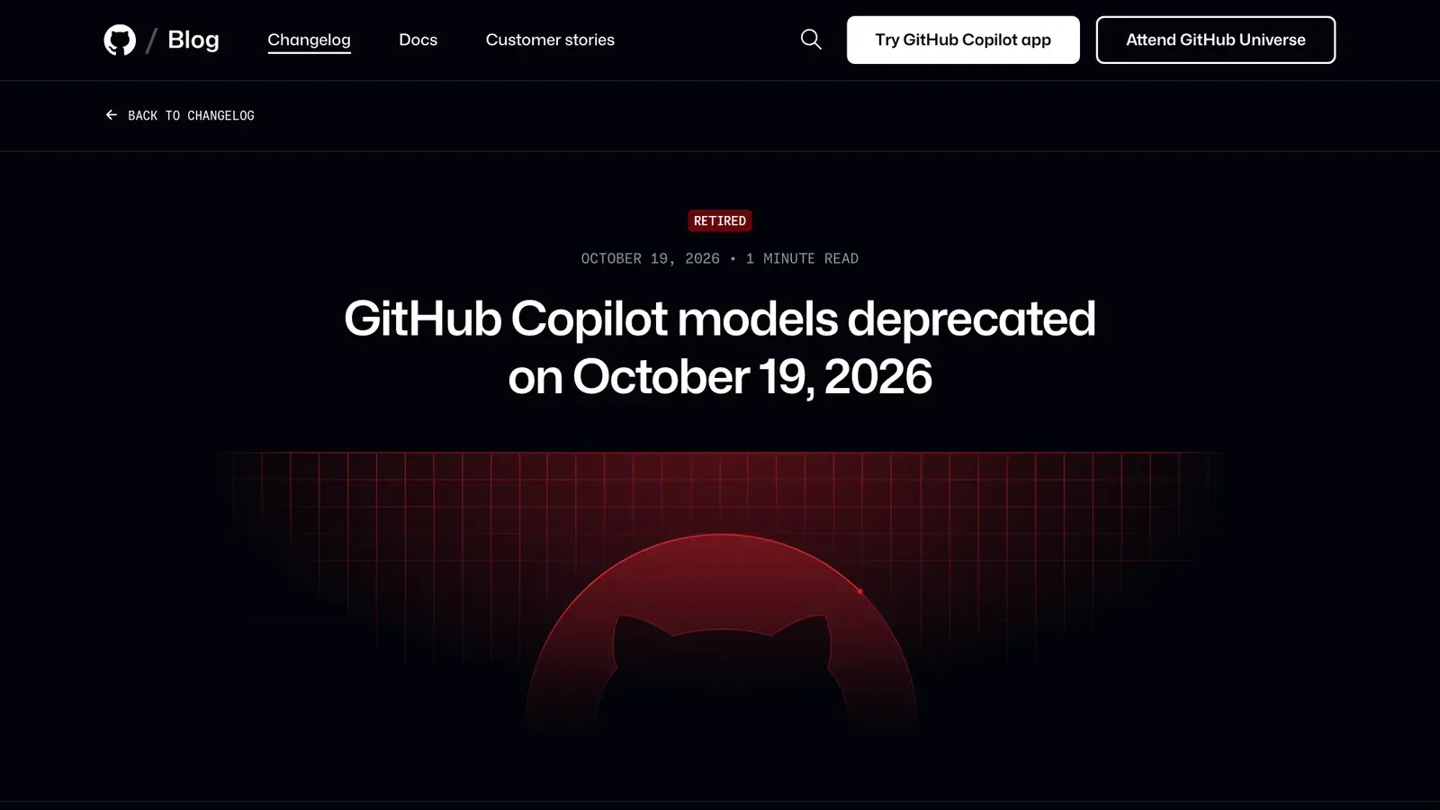 หน้าประกาศ GitHub Changelog หัวข้อ GitHub Copilot models deprecated on October 19, 2026 ป้าย RETIRED ซึ่งเป็นวันที่ Copilot เลิกใช้ GPT-5.5 และอีก 5 โมเดล