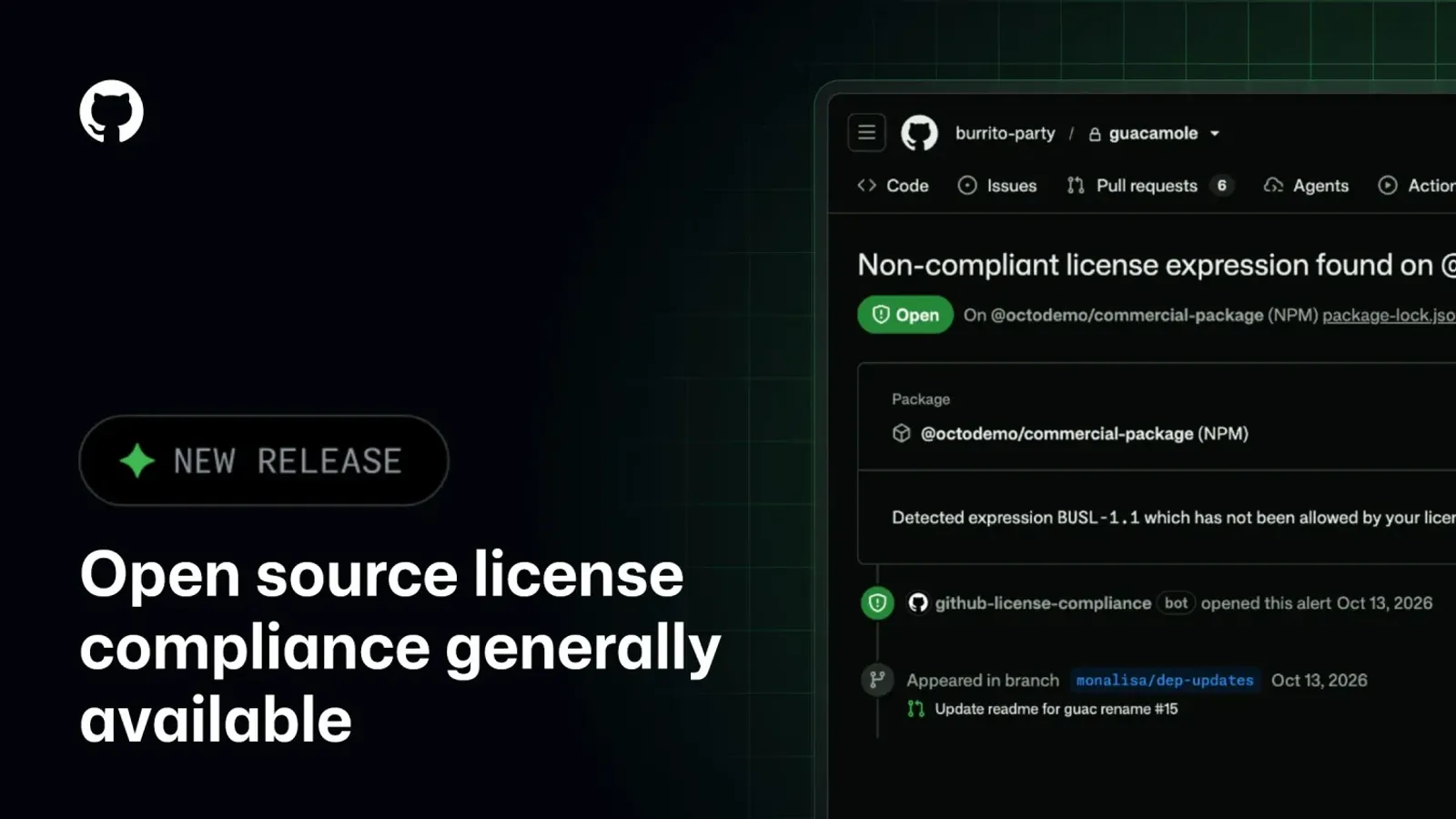 ภาพประกาศ Open source license compliance generally available ของ GitHub แสดงตัวอย่างการแจ้งเตือน GitHub license compliance ที่พบไลเซนส์ BUSL-1.1 นอกนโยบายในแพ็กเกจ NPM