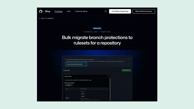 ประกาศ Bulk migrate branch protections to rulesets for a repository บน GitHub Changelog วันที่ 20 ตุลาคม 2026