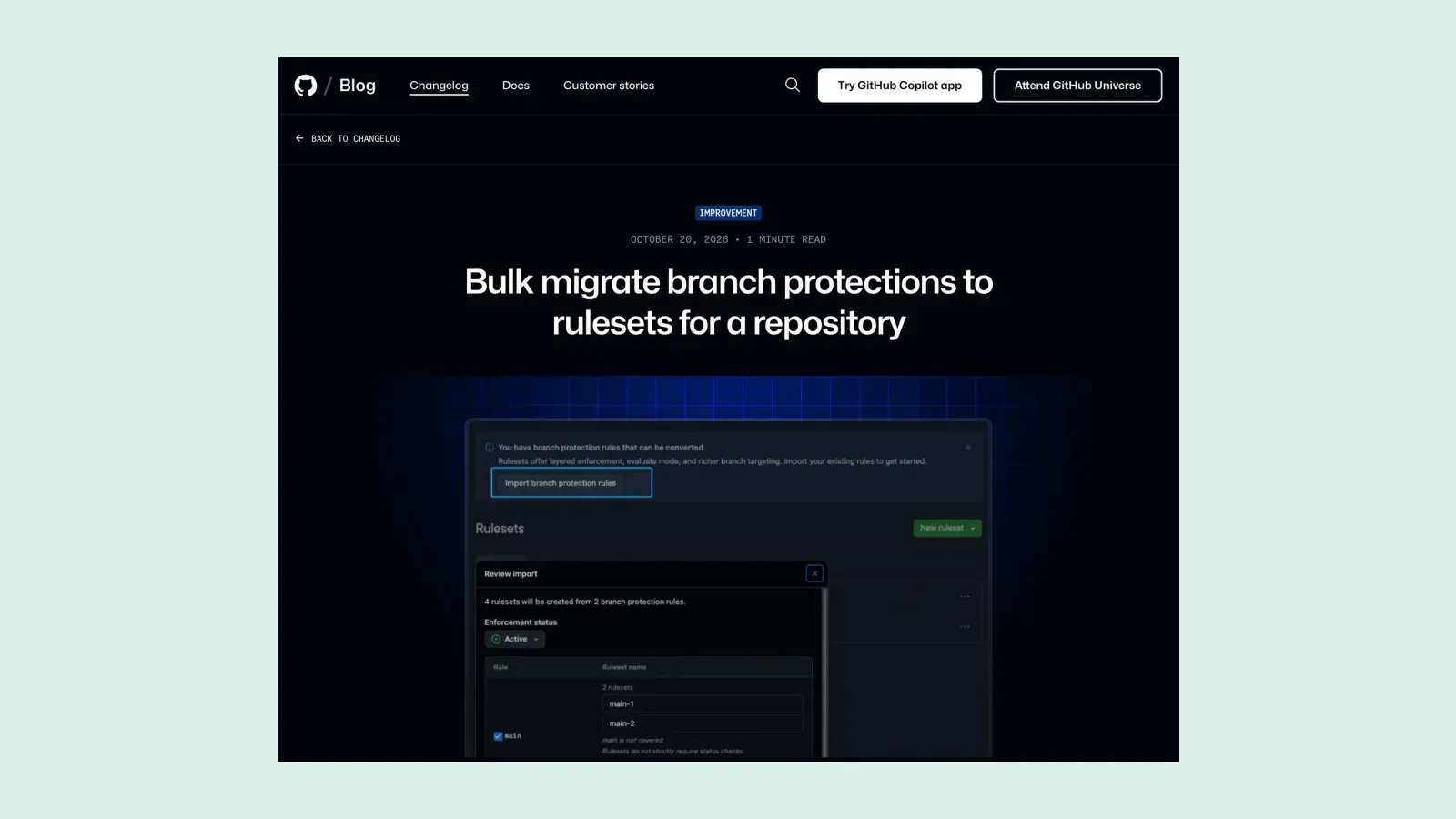 ประกาศ Bulk migrate branch protections to rulesets for a repository บน GitHub Changelog วันที่ 20 ตุลาคม 2026