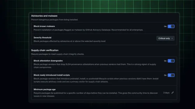หน้าตั้งนโยบาย GitHub package firewall มีสวิตช์ Block known malware, Severity threshold แบบ Critical only, Block attestation downgrades, Block newly introduced install scripts และ Minimum package age