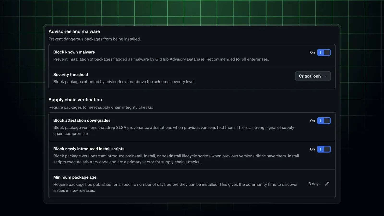 หน้าตั้งนโยบาย GitHub package firewall มีสวิตช์ Block known malware, Severity threshold แบบ Critical only, Block attestation downgrades, Block newly introduced install scripts และ Minimum package age