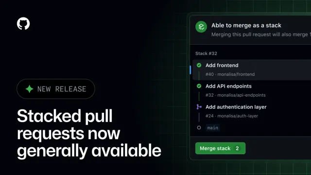ภาพประกาศ Stacked Pull Requests now generally available ของ GitHub พร้อมกล่อง merge ของ stack ที่มีปุ่ม Merge stack