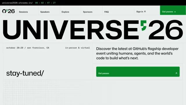 หน้าแรกเว็บไซต์ GitHub Universe 2026 ระบุ october 28–29 san francisco, CA แบบ in-person & virtual พร้อมตัวนับเวลาถอยหลังถึงการถ่ายทอดสด