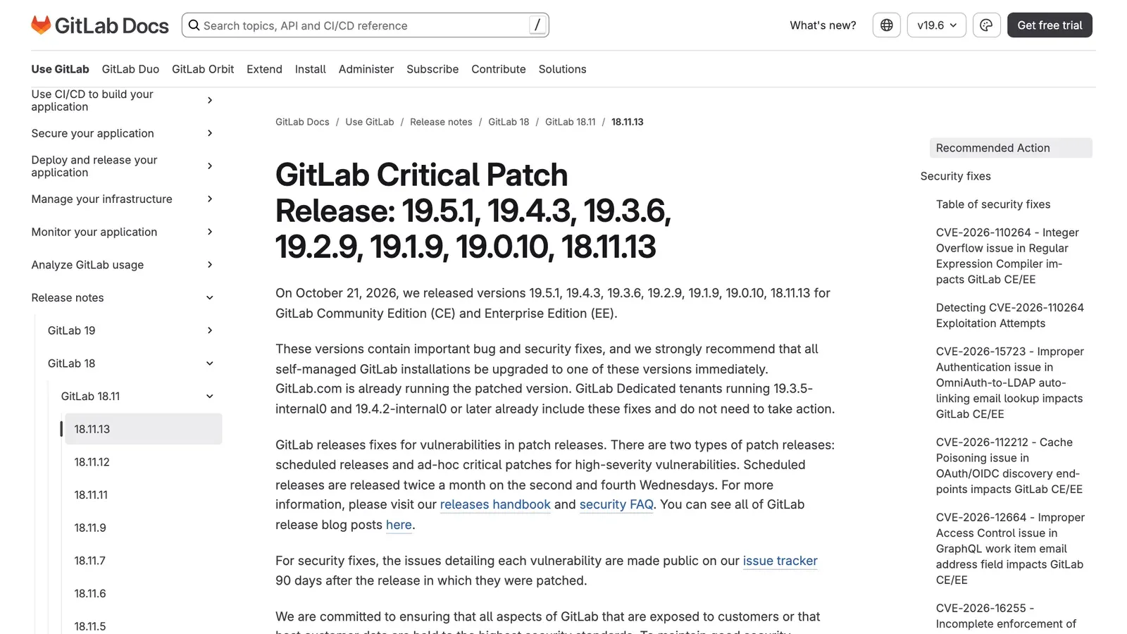 หน้า GitLab Docs ประกาศ GitLab Critical Patch Release 19.5.1, 19.4.3, 19.3.6, 19.2.9, 19.1.9, 19.0.10 และ 18.11.13 ออกเมื่อ 21 ตุลาคม 2026