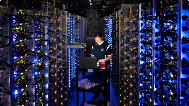 ช่างเทคนิคของ Google ตรวจระบบระหว่างแถวเซิร์ฟเวอร์ในศูนย์ข้อมูล The Dalles รัฐโอเรกอน