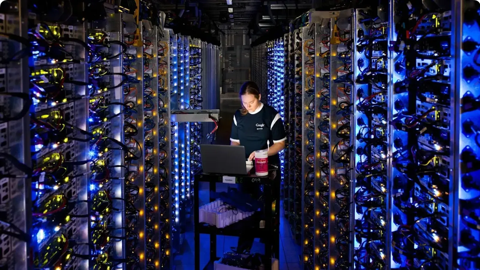 ช่างเทคนิคของ Google ตรวจระบบระหว่างแถวเซิร์ฟเวอร์ในศูนย์ข้อมูล The Dalles รัฐโอเรกอน