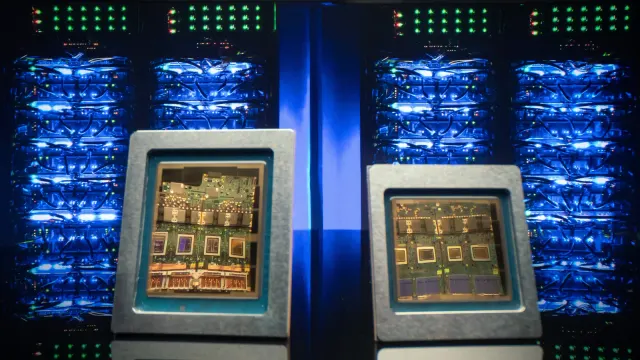 ชิป TPU ของ Google สองตัววางคู่กันหน้าตู้เซิร์ฟเวอร์ ภาพจากหน้า TPU ของ Google Cloud