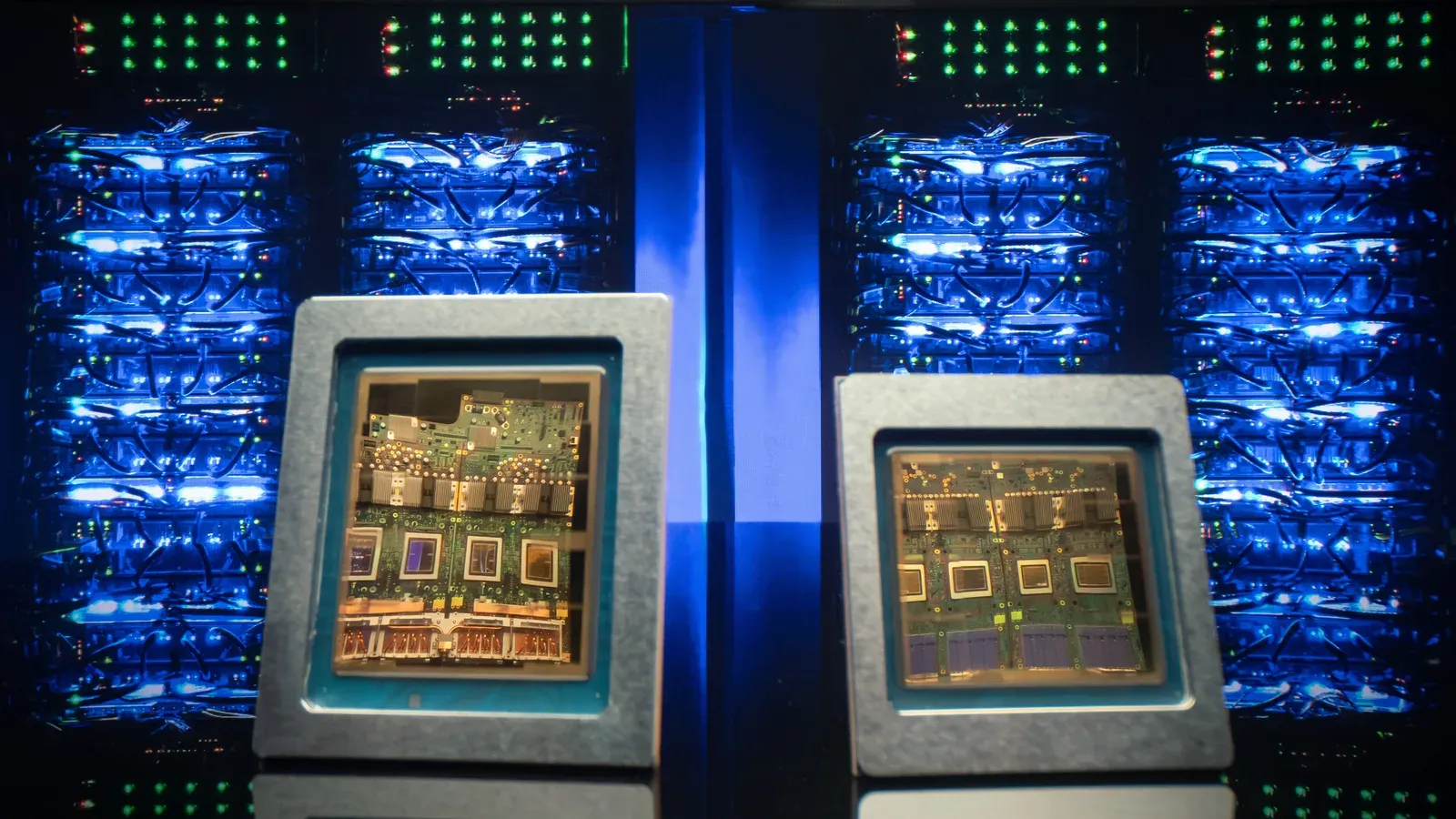 ชิป TPU ของ Google สองตัววางคู่กันหน้าตู้เซิร์ฟเวอร์ ภาพจากหน้า TPU ของ Google Cloud