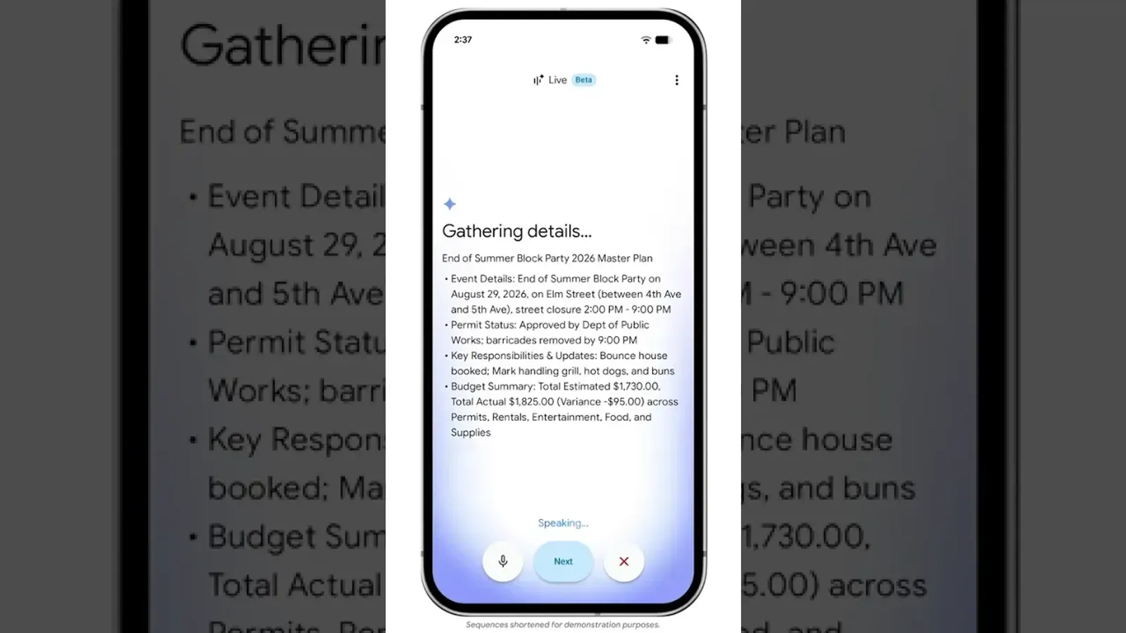 หน้าจอ Docs Live บนมือถือในแอป Google Docs ขึ้นข้อความ Gathering details พร้อมรายละเอียดแผนงาน End of Summer Block Party 2026 ที่ร่างจากเสียงของผู้ใช้