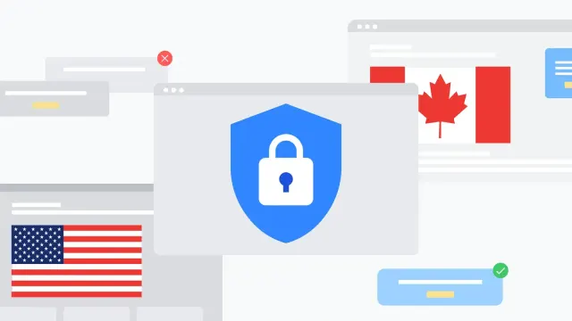 ภาพประกอบประกาศ Financial Services Verification 2027 ของ Google: โล่รูปกุญแจกับหน้าต่างที่มีธงสหรัฐฯ และแคนาดา