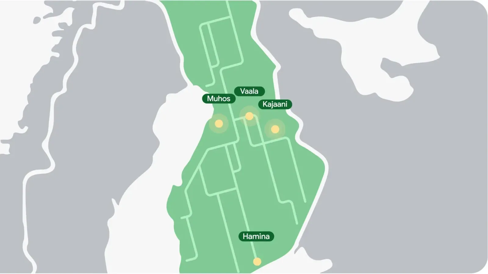 แผนที่ของ Google แสดงที่ตั้งดาต้าเซ็นเตอร์ในฟินแลนด์ที่ Muhos, Vaala, Kajaani และ Hamina ซึ่งเกี่ยวข้องกับกรณี Google ตัดป่าฟินแลนด์