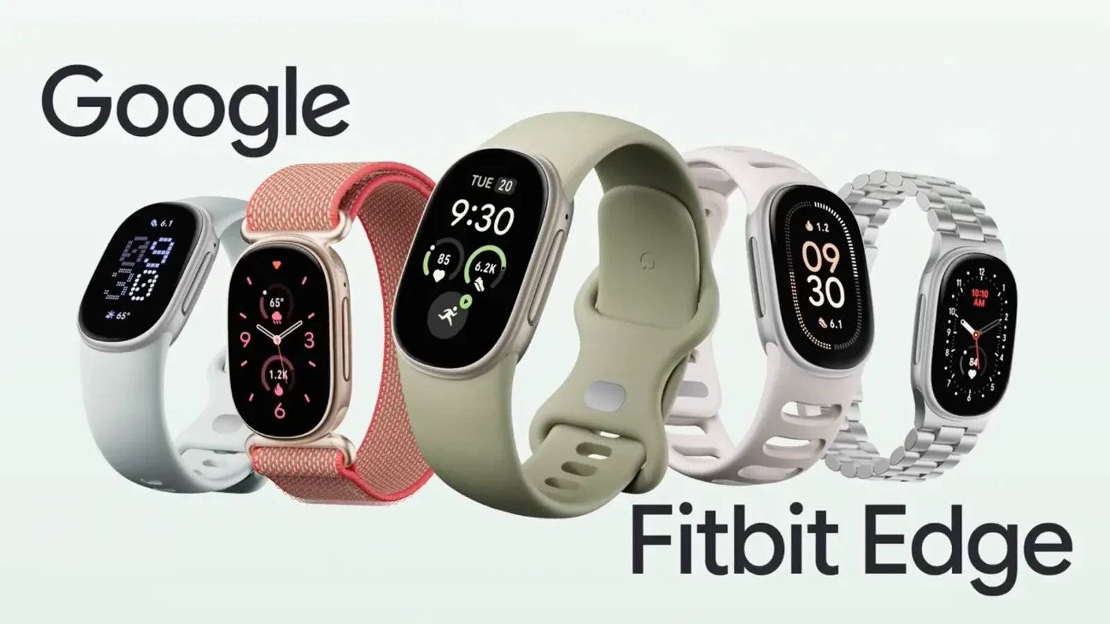 Fitbit Edge หลายสีและหลายแบบสาย พร้อมโลโก้ Google และชื่อ Fitbit Edge