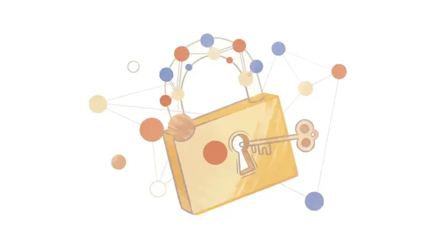 ภาพประกอบแม่กุญแจและเครือข่ายจุดเชื่อมโยงที่ Google ใช้ในประกาศ Google Meet post-quantum บนบล็อก Workspace Updates