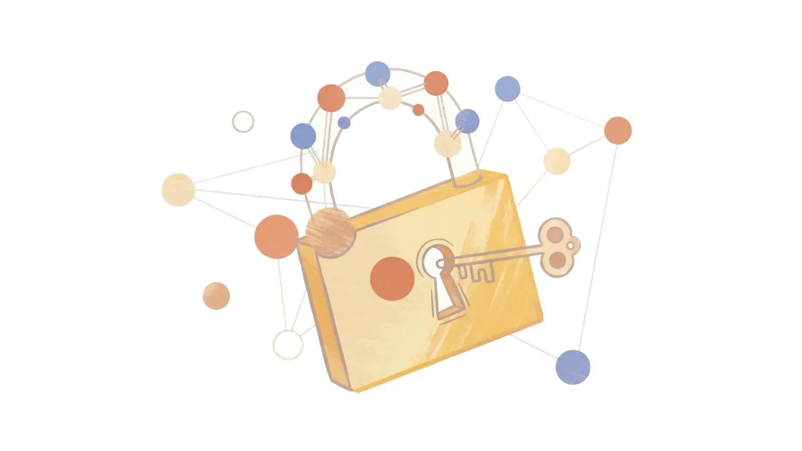 ภาพประกอบแม่กุญแจและเครือข่ายจุดเชื่อมโยงที่ Google ใช้ในประกาศ Google Meet post-quantum บนบล็อก Workspace Updates