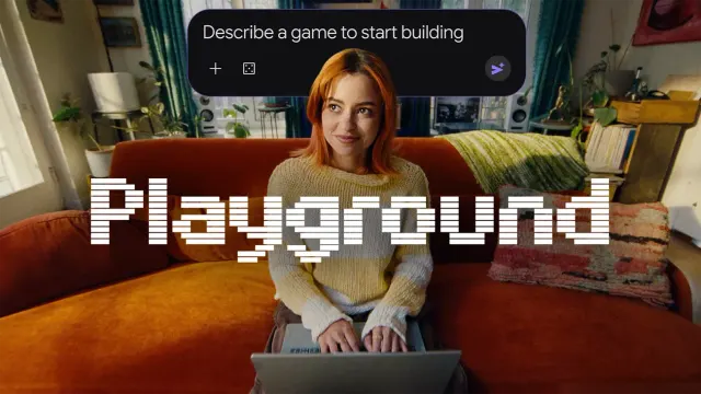 ภาพประกาศเปิดตัว Google Playground ผู้หญิงนั่งพิมพ์บนแล็ปท็อป มีช่อง Describe a game to start building และตัวอักษร Playground แบบพิกเซล