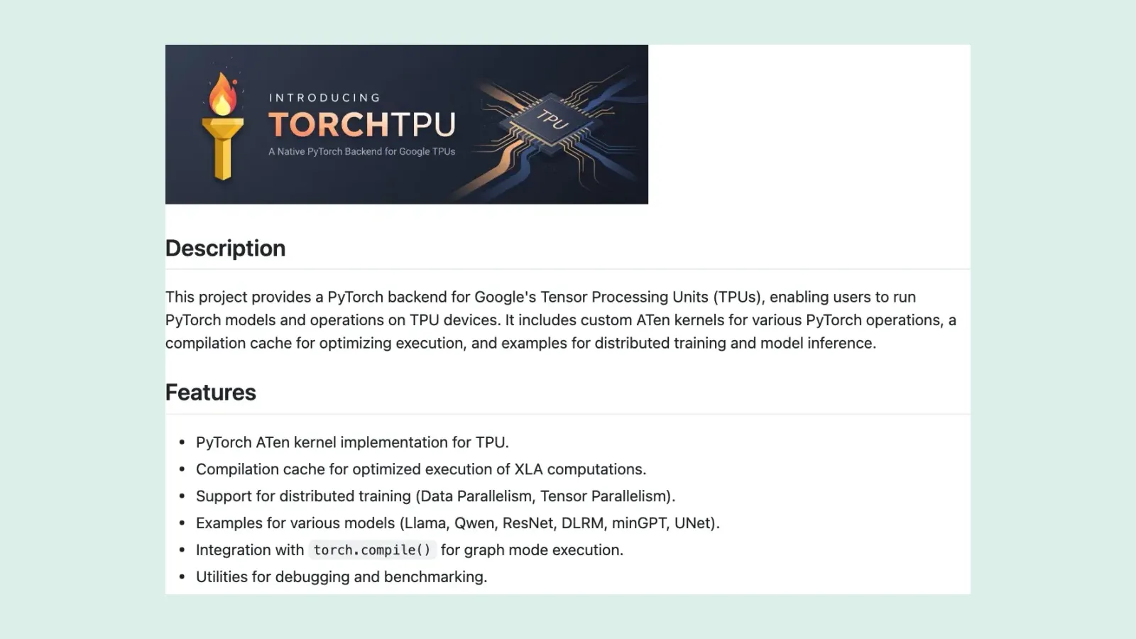 หน้า README ของ repository google-pytorch/torch_tpu บน GitHub มีแบนเนอร์ Introducing TorchTPU: A Native PyTorch Backend for Google TPUs คำอธิบายโปรเจกต์ และรายการความสามารถ เช่น ATen kernel สำหรับ TPU และการทำงานร่วมกับ torch.compile
