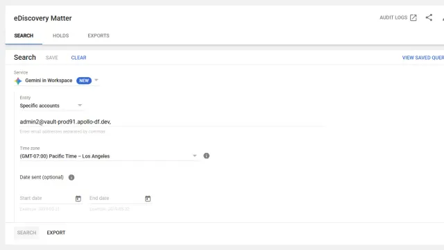 หน้าจอ Google Vault ส่งออกแชต Gemini: แท็บ Search ใน eDiscovery Matter เลือกบริการ Gemini in Workspace ที่มีป้าย NEW พร้อมช่องบัญชี เขตเวลา และช่วงวันที่