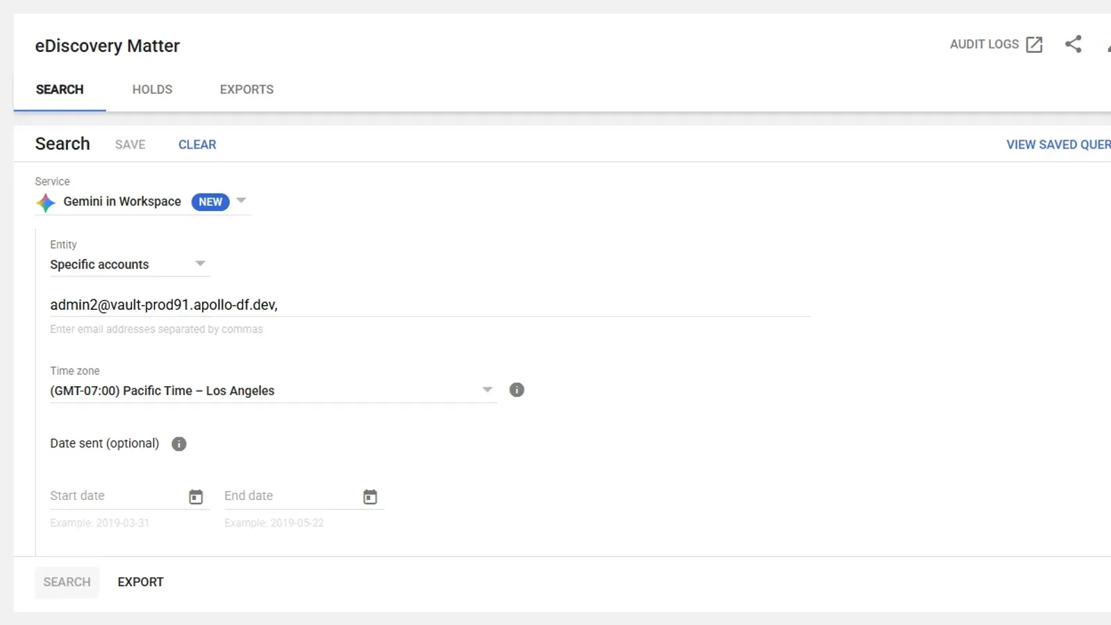 หน้าจอ Google Vault ส่งออกแชต Gemini: แท็บ Search ใน eDiscovery Matter เลือกบริการ Gemini in Workspace ที่มีป้าย NEW พร้อมช่องบัญชี เขตเวลา และช่วงวันที่