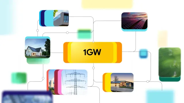 ภาพกราฟิกของ Google แสดงบ้าน อาคาร แผงโซลาร์ และสายส่งเชื่อมเข้ากับกล่อง 1GW สื่อถึงโรงไฟฟ้าเสมือนที่รวมกำลังจากหลายแหล่ง
