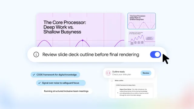 ภาพประกอบ Gemini Notebook กับสวิตช์ Review slide deck outline before final rendering และโครงร่างสไลด์ที่รอผู้ใช้ตรวจ หนึ่งในอัปเดต Google Workspace ตุลาคม 2026